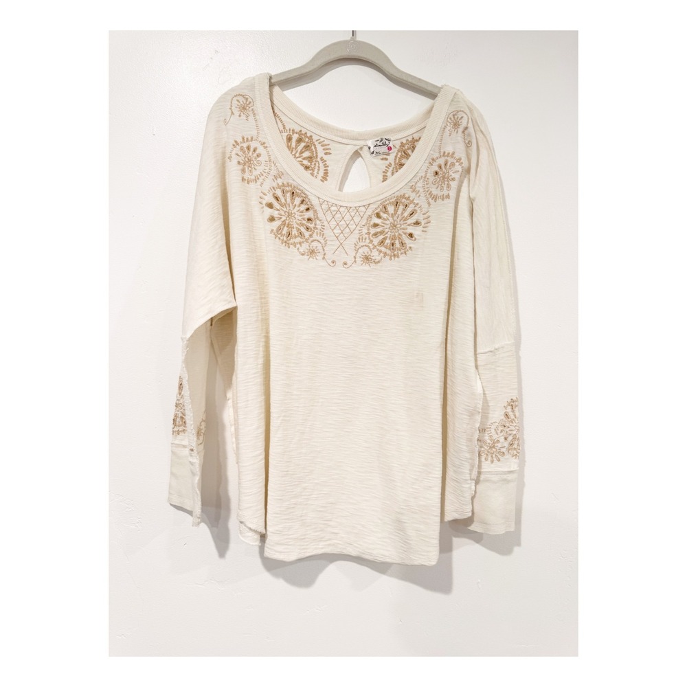 Intimately Free People Embroidered Open Back Long Sleeve Top Cream Tan Medium